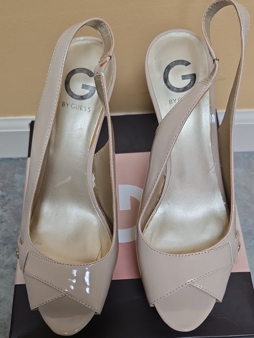 G by Guess Nude Patent Cork Platform Slingback Heels SZ 8.5